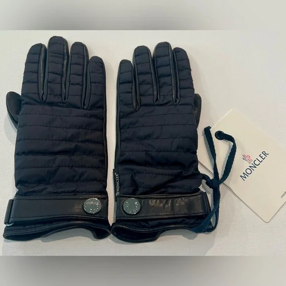 Moncler Black GUANTI Leather Wool NWT Medium Gloves Made in Italy - Picture 1 of 6